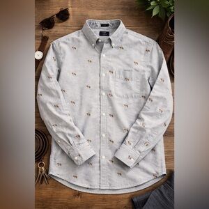 J.Crew Slim Fit Oxford Shirt Large Embroidered Dogs Button Dow